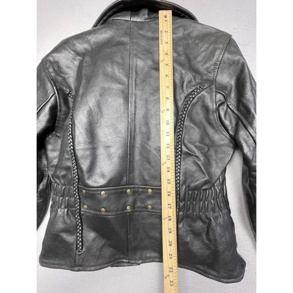 Unbranded Biker Jacket Genuine Leather Black Braided Trim Small Womens